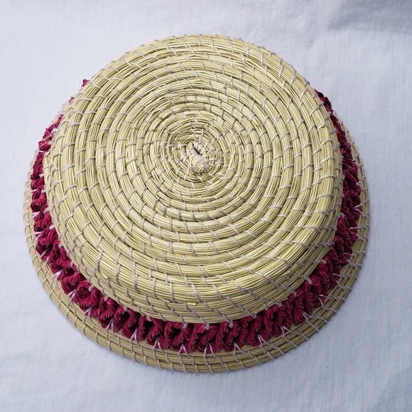 Handwoven Coiled Grass Basket Pink Accents - Picture 3 of 5